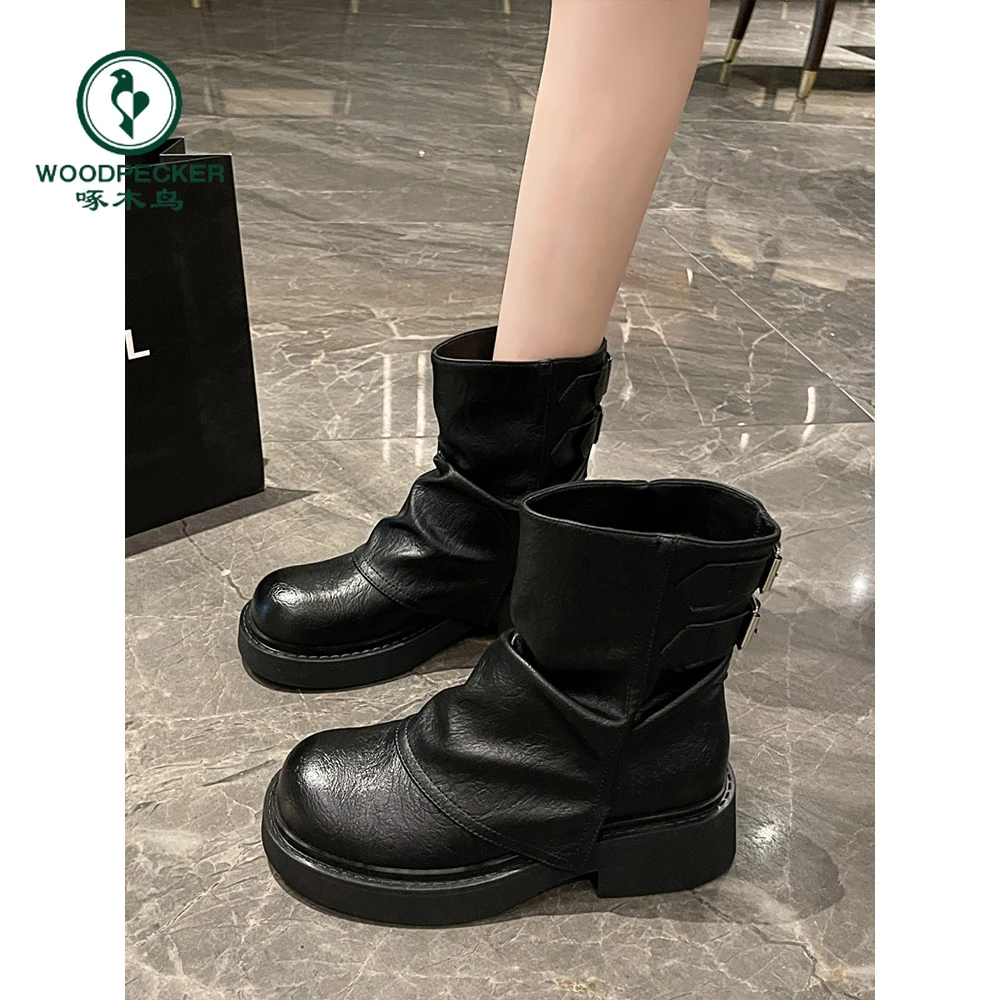 啄木鸟厚底短靴女2025秋冬美拉德复古棕色裤管靴炸街英伦风马丁靴