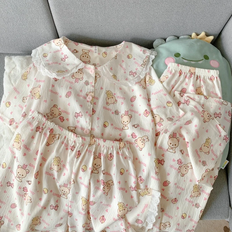 甜美少女睡衣女卡通短袖三件套花边宽松可爱大码夏季家居服可外穿