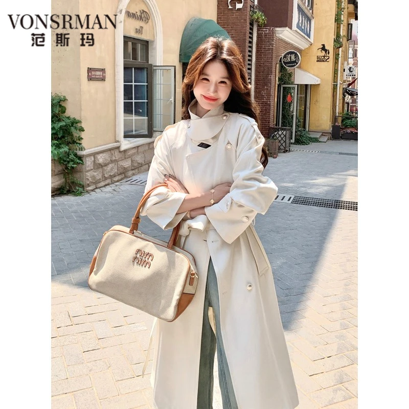 米白色高级感巨好看风衣外套女中长款2025秋新款休闲宽松系带上衣