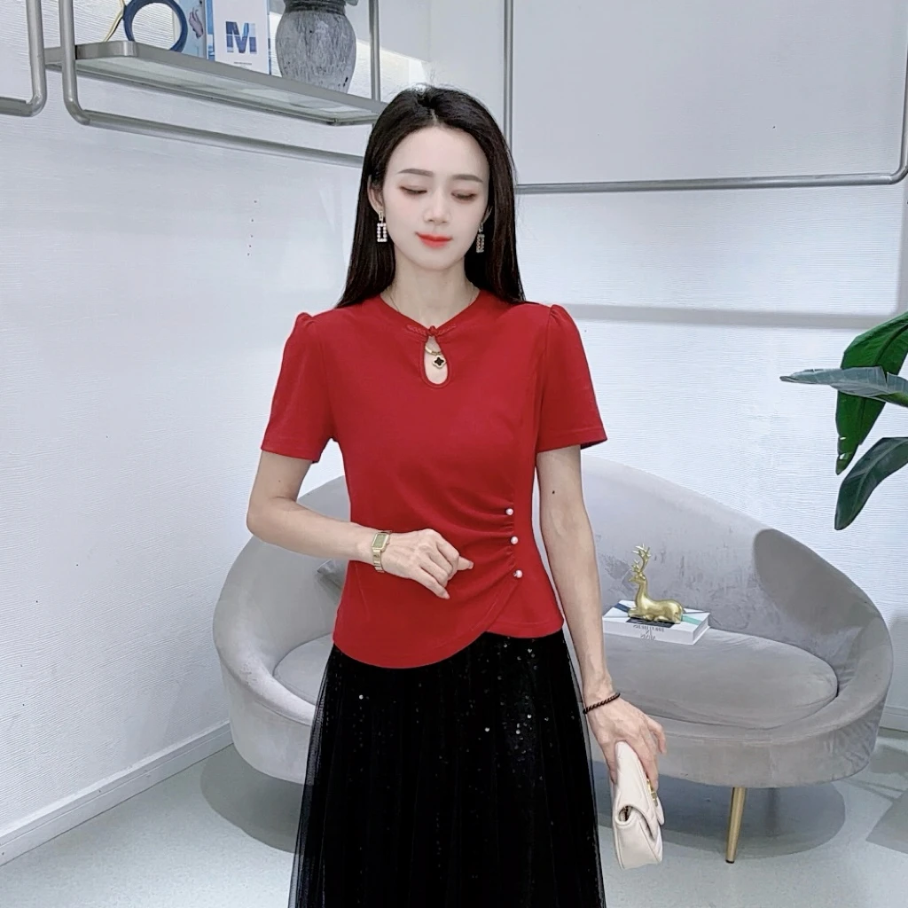 A8569新中式镂空短袖T恤女夏季正肩别致显瘦上衣