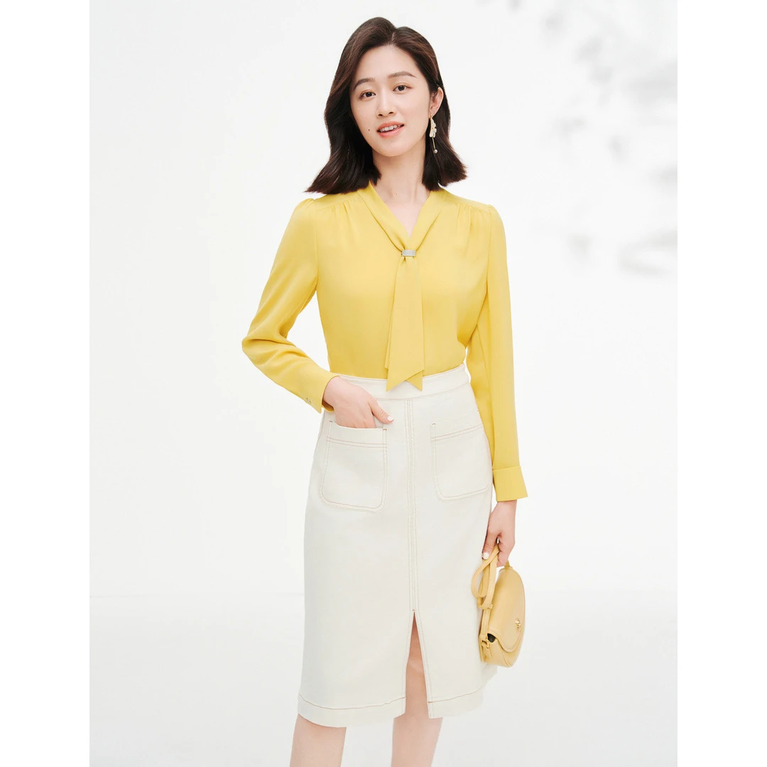 【醋酸】春夏款红色系带领长袖衬衫气质通勤上衣女