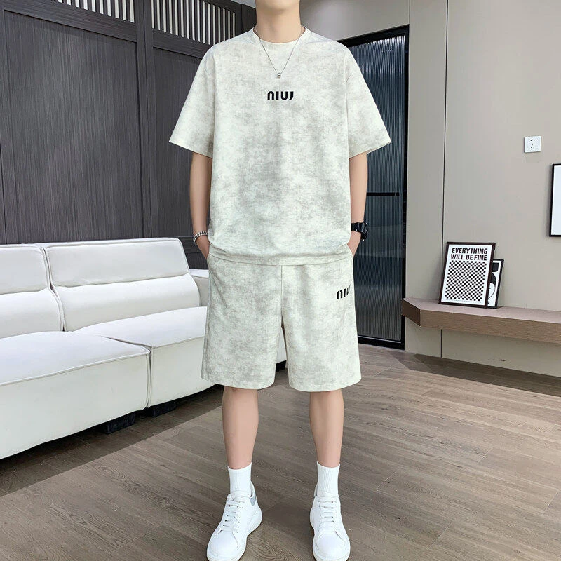 2025夏季扩版运动套装男士宽松休闲圆领T恤短袖短裤两件套921