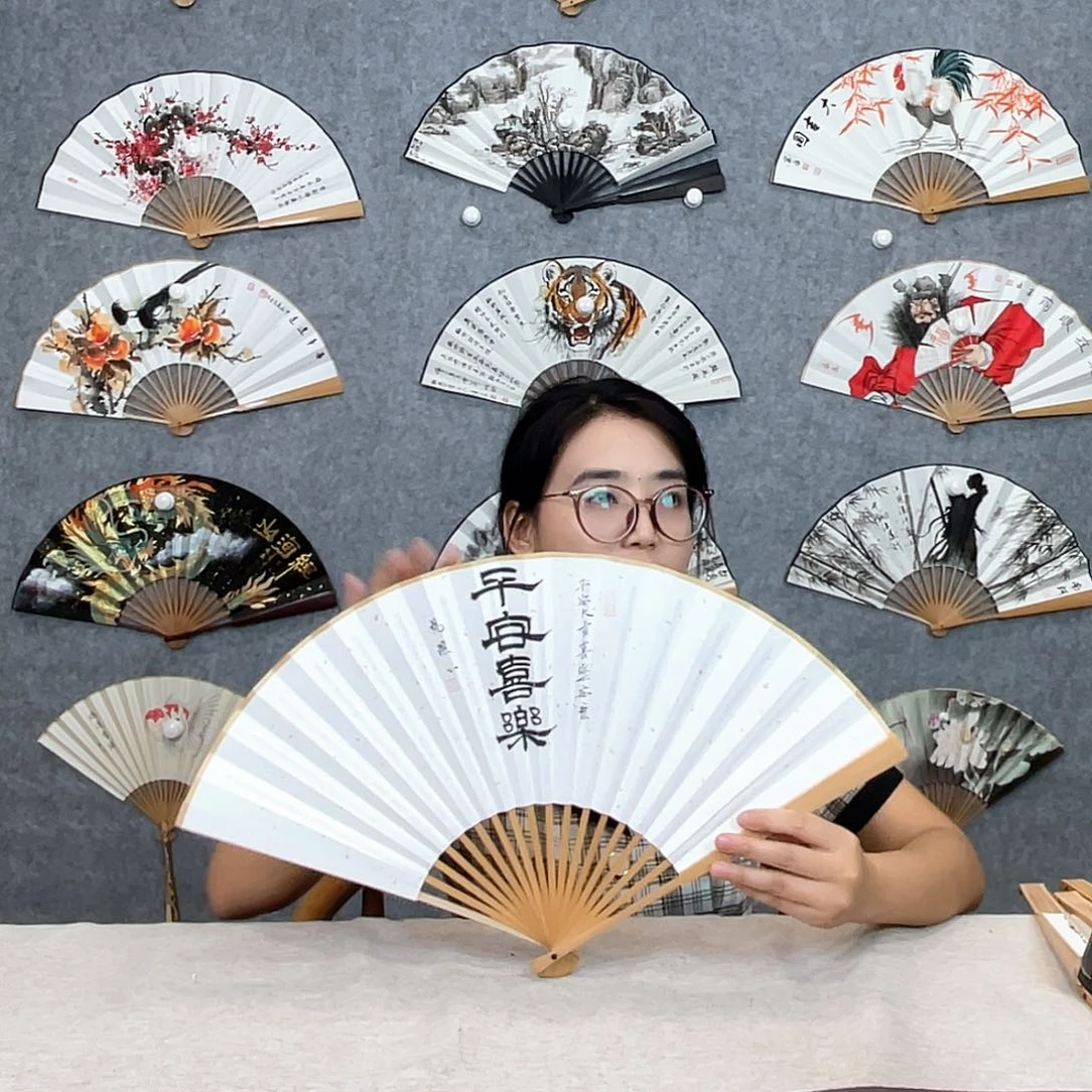 国画95寸水磨玉竹纯手绘-文玩扇骨（默认粘好） 平安喜乐