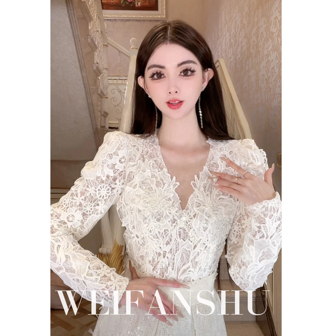 WEIFANSHU/魏凡舒【女神主义】法式优雅百搭设计感V领蕾丝长袖衬衫