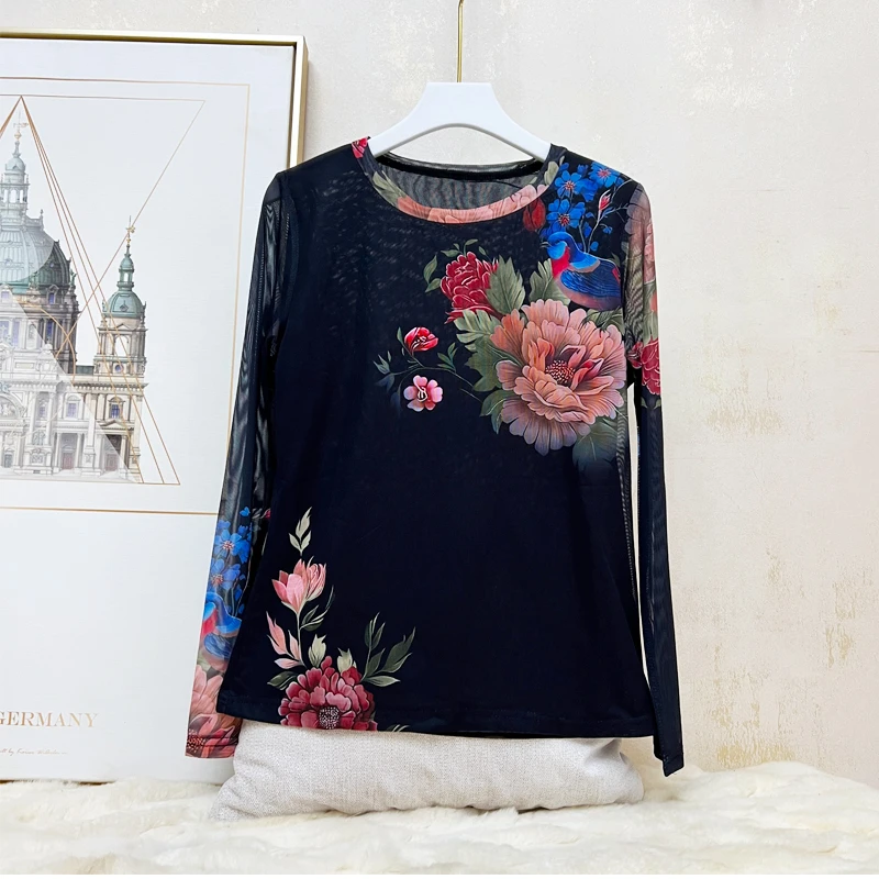 百搭广场舞上衣网纱长袖T恤女内搭春夏民族风新款洋气打底衫外穿