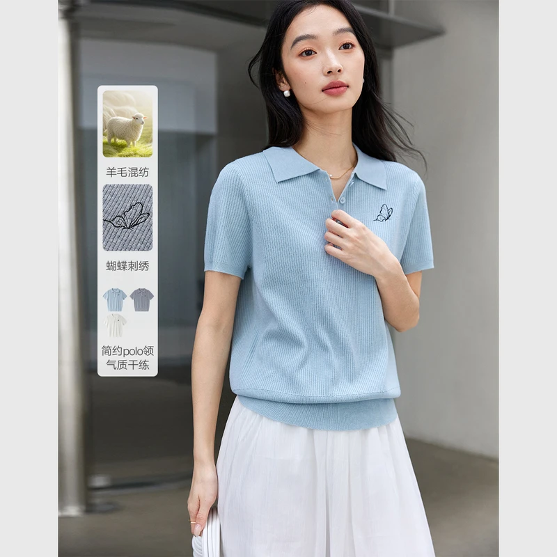 *蝴蝶刺绣T恤女2025夏季新款简约polo休闲翻领百搭上衣73759