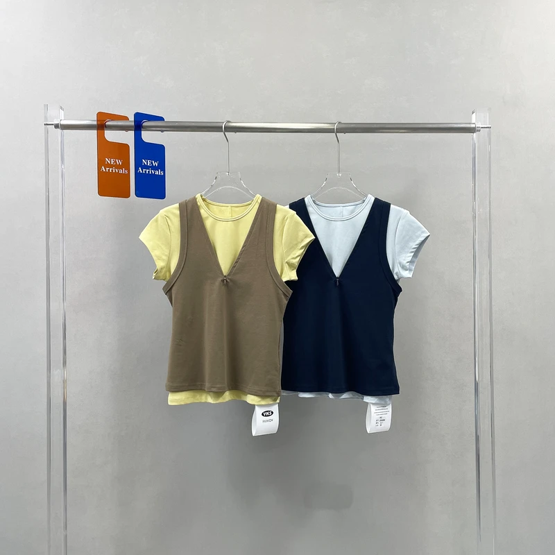 YKS欧货高品质拼色设计感两件套T恤女春夏款修身百搭打底衫250509