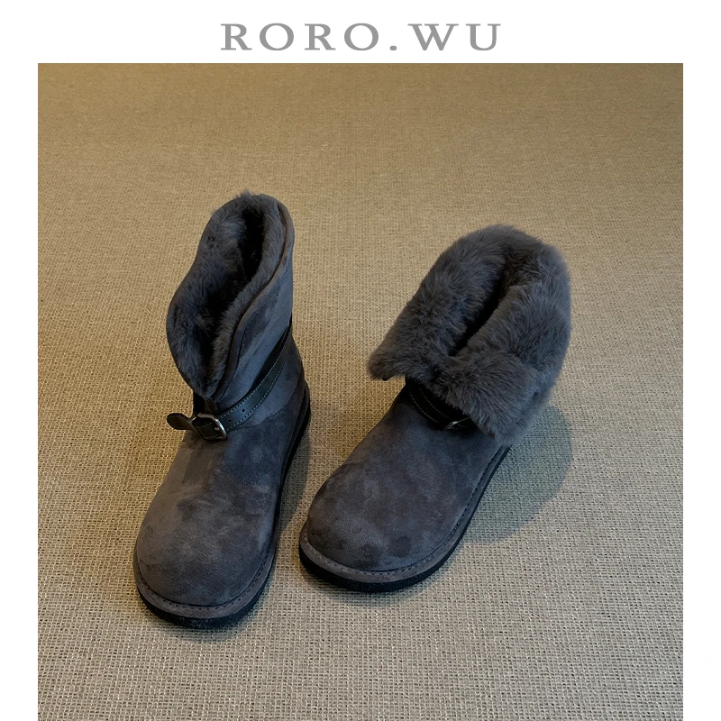 娆娆吴·舒适百搭加绒保暖翻边皮带扣短靴冬季新款薄底雪地靴女M24