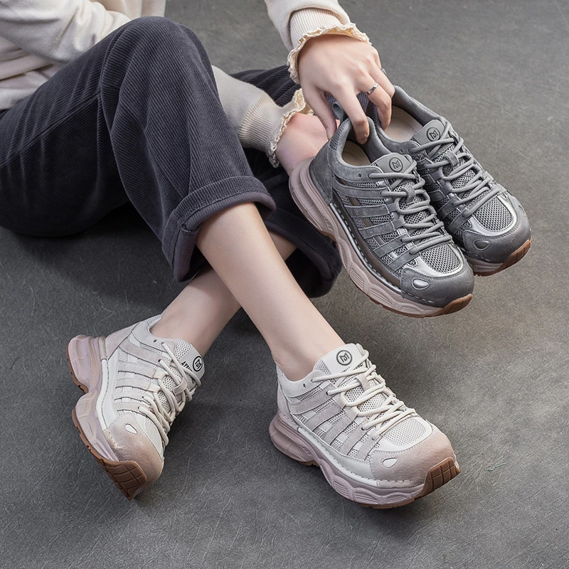 2025春季新款透气网面老爹鞋女网红厚底增高复古风运动休闲女鞋