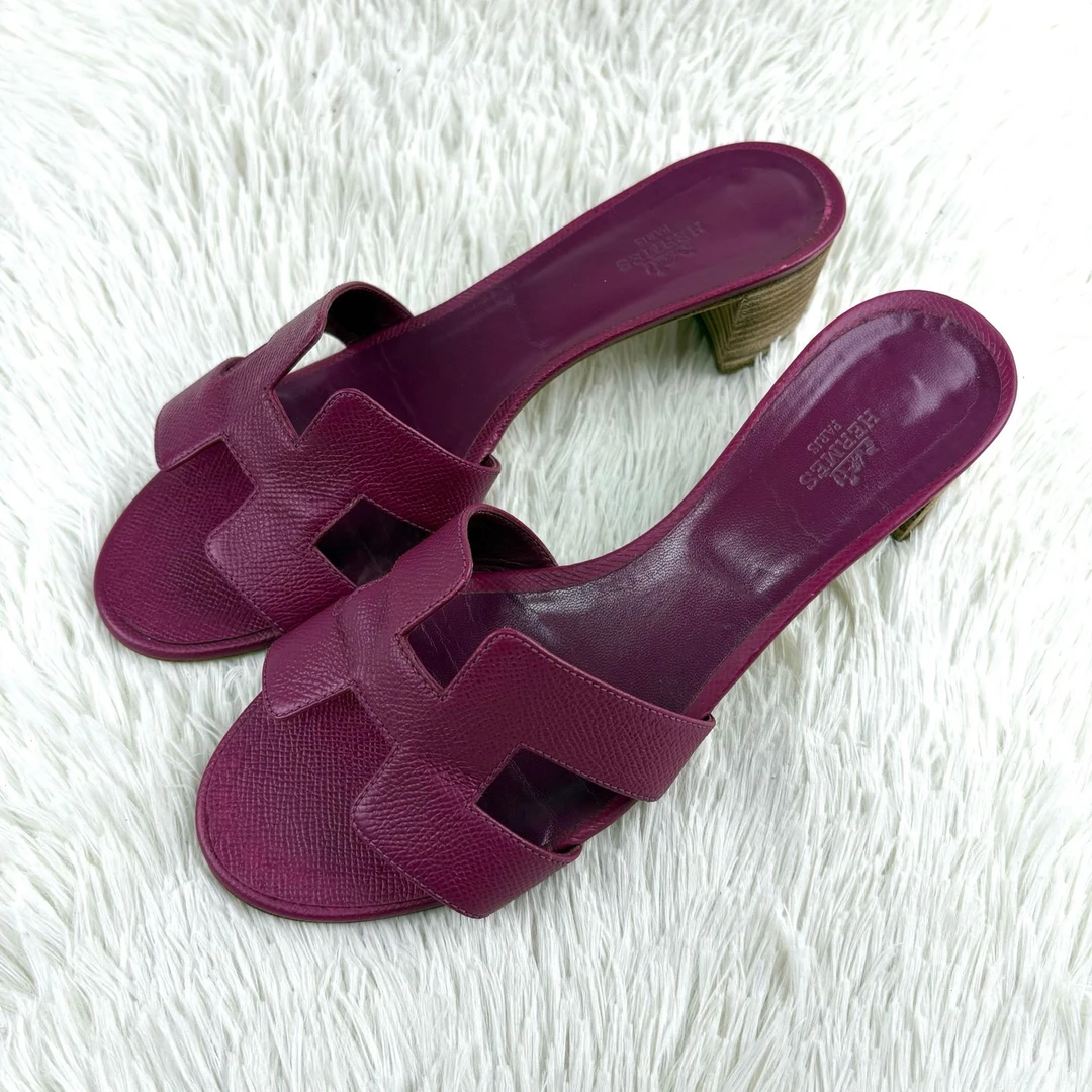 95新 Hermes/爱马仕 H玫红色坡跟凉鞋39.5码