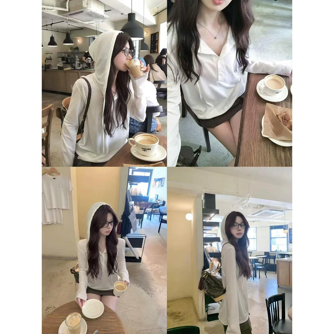 【全额运补】慵懒感轻柔亨利领松弛针织连帽长袖t恤女