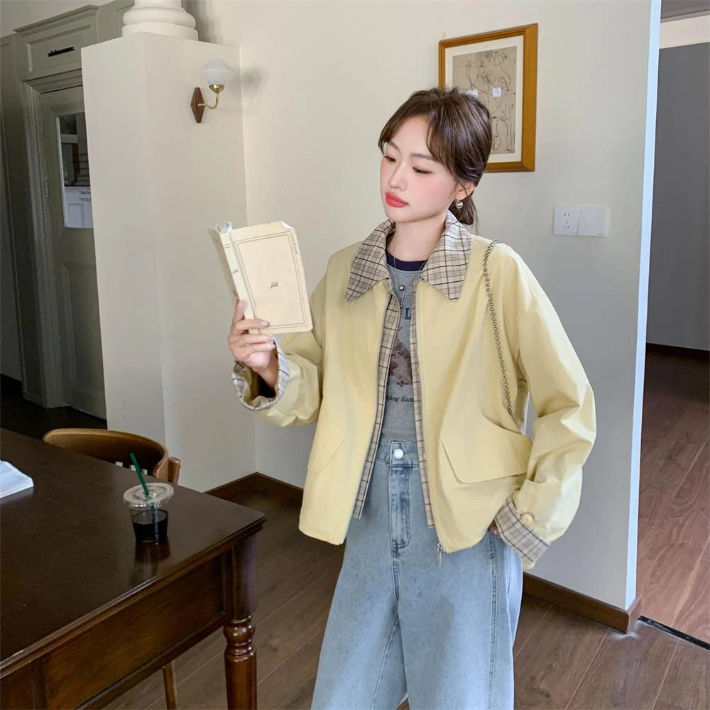 格子拼接短款黄色工装外套女春秋2025新款小个子休闲美式夹克流行
