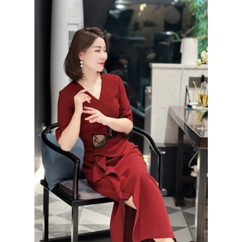 0078-11腰间立体钉珠玫瑰花高雅定制连衣裙喜婆婆礼服连衣裙中式