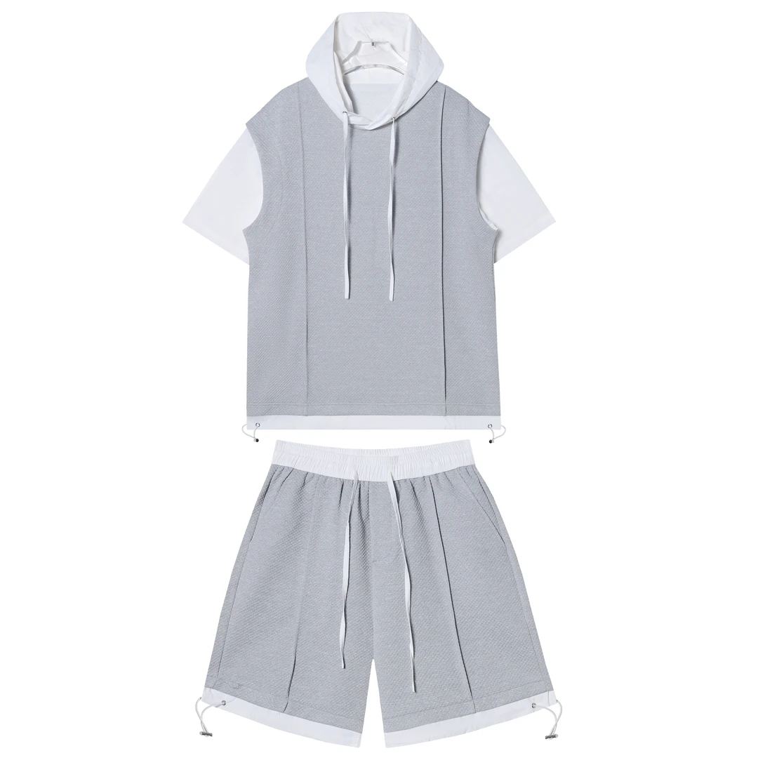T1182新款灰白拼接连帽男士套装百搭潮流街头休闲上衣宽松短裤