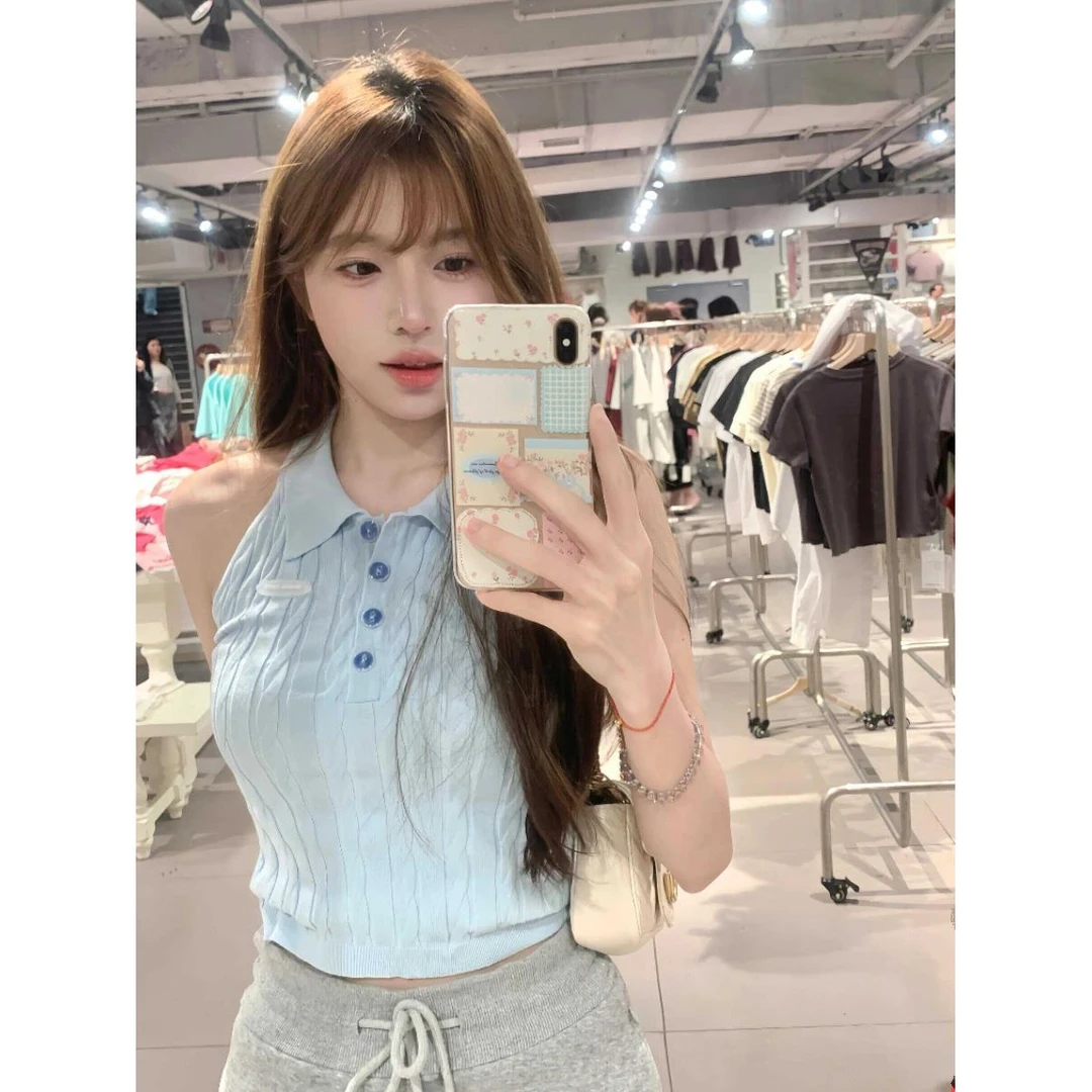 甜美百搭夏季新款美式复古无袖上衣短款外穿修身polo领针织背心女