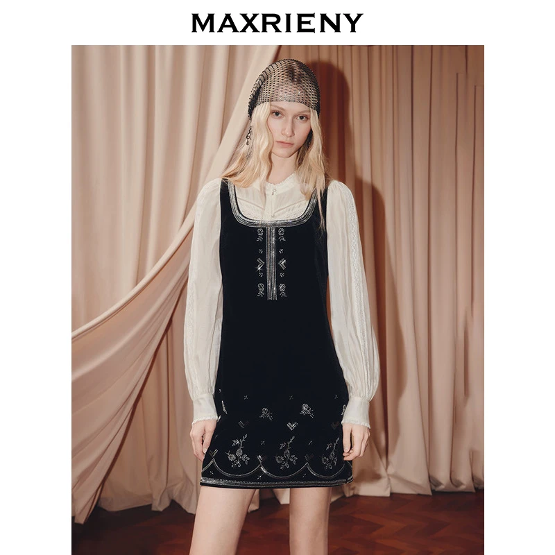【商场同款】MAXRIENY2025秋背心连衣裙丝绒钉珠重工连衣裙