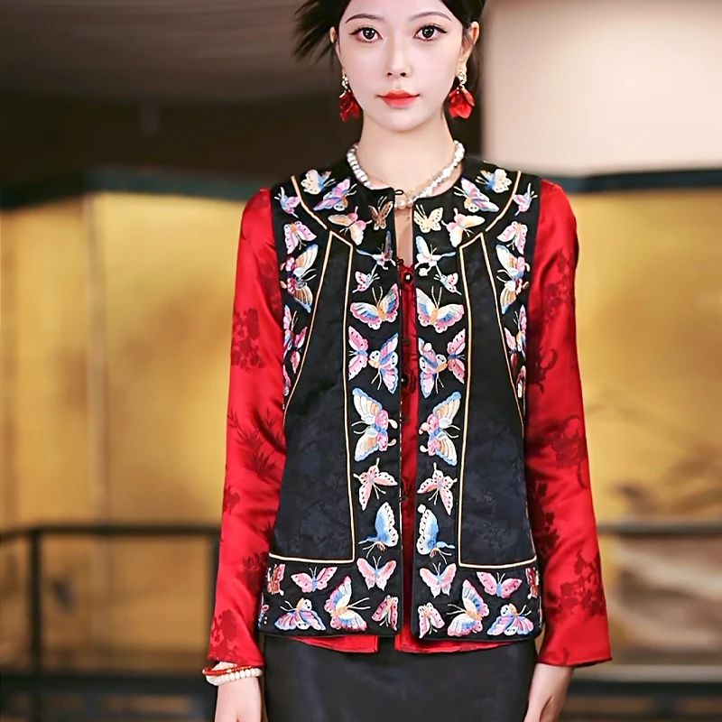 复古日记“化蝶”25春新款桑蚕丝百蝶绣花中式圆领马夹25EE388