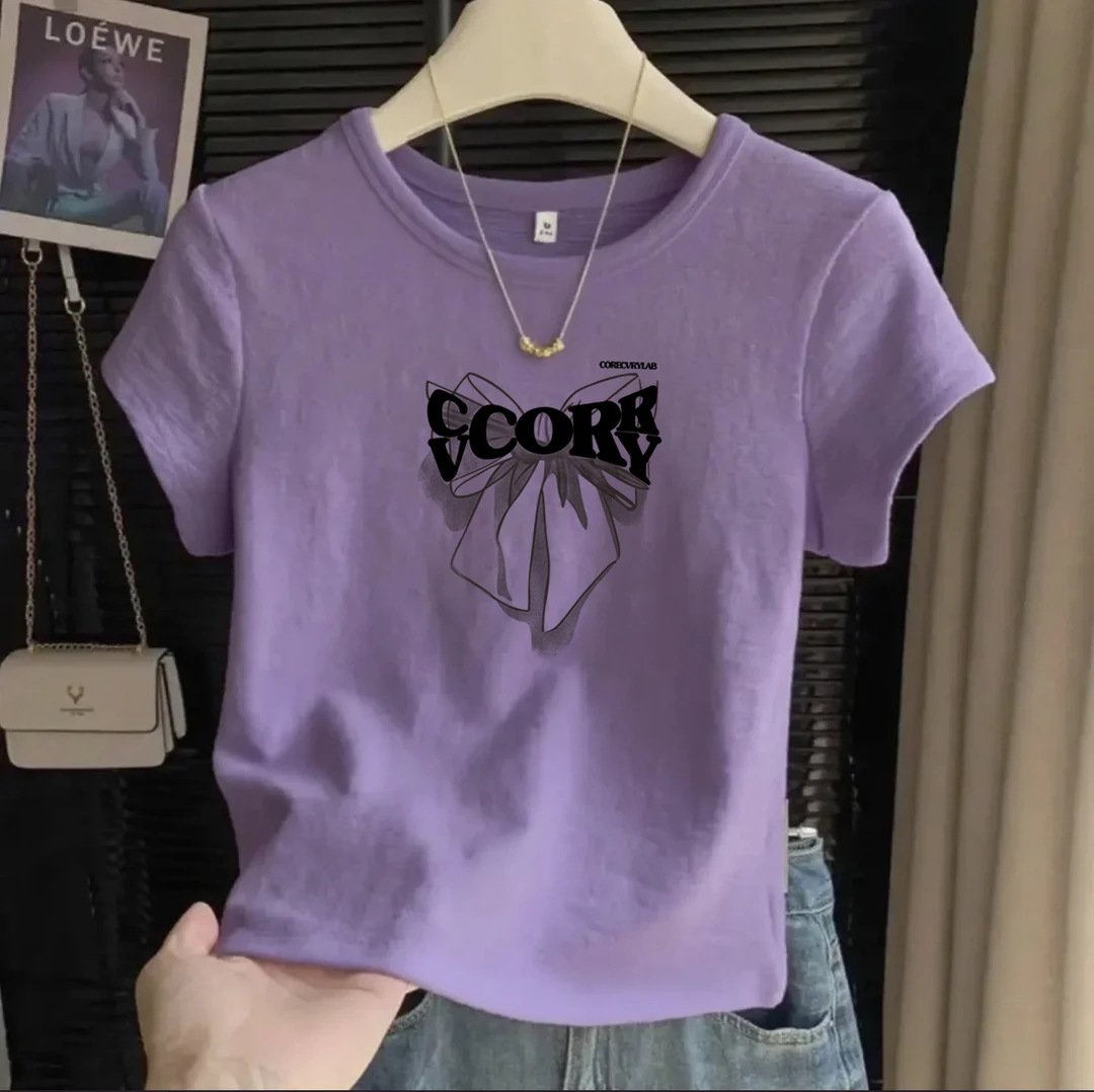 肌理感紫色韩版短袖t恤女夏正肩圆领上衣短款韩系文艺T恤棉纱