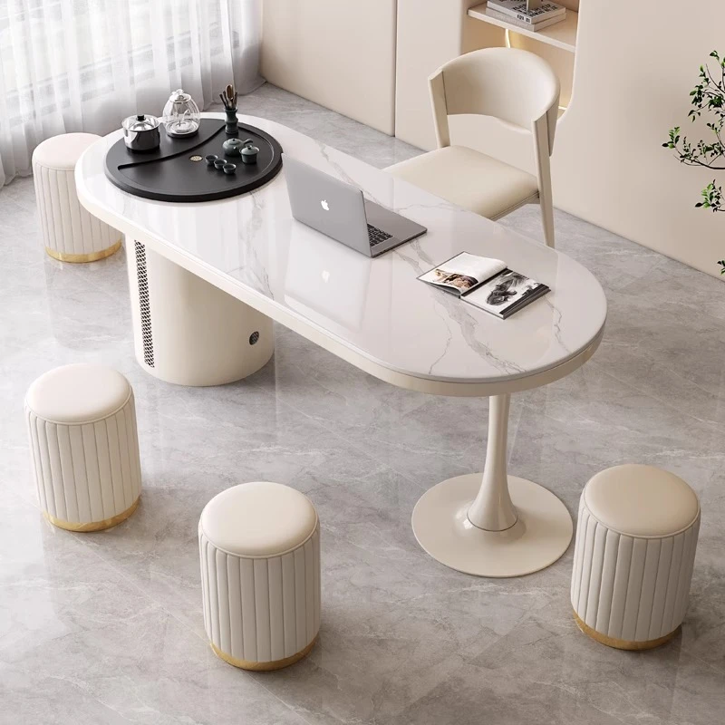 现代简约岩板茶桌椅组合奶油风办公室书桌办公轻奢泡茶阳台型茶台