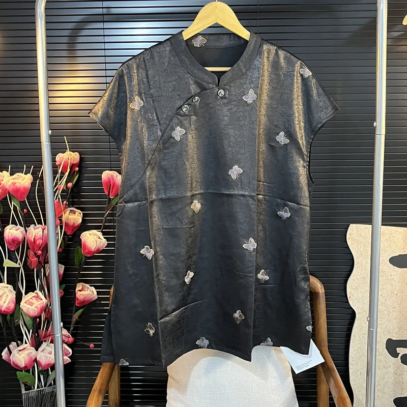 猫家YZM新中式国风夏季新款时尚气质小蝴蝶提花打底上衣