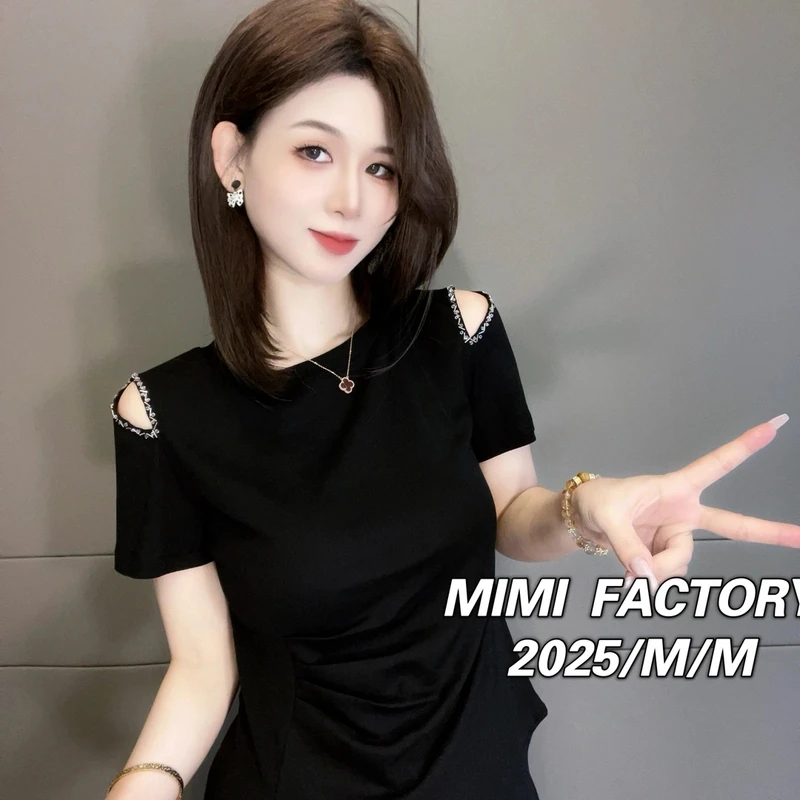 【高质量】2025新款露肩设计刺绣重工显瘦短袖T恤网红洋气炸街女装