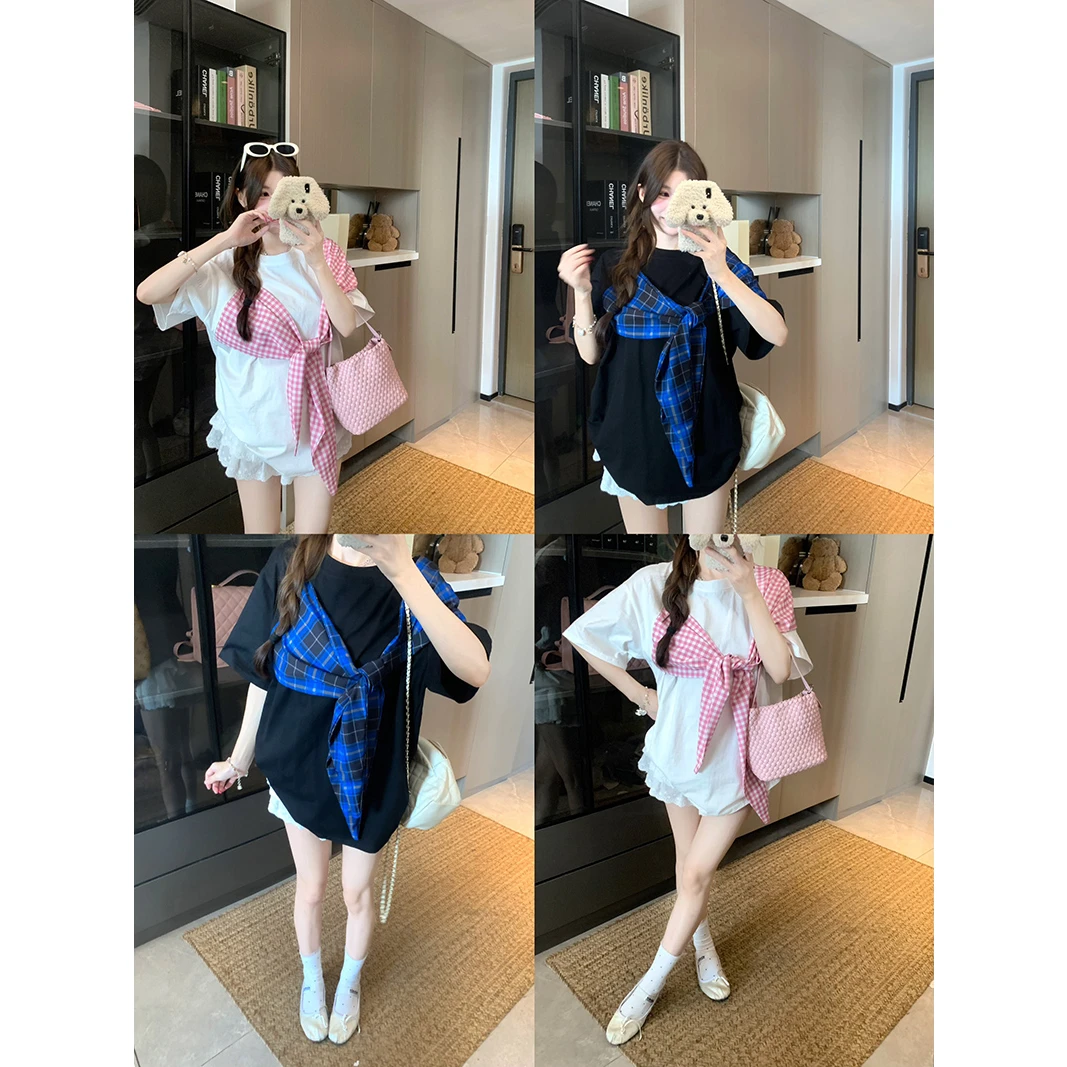 实拍220克单面纯棉短袖t恤夏2025新款潮宽松格子披肩春秋长袖t恤