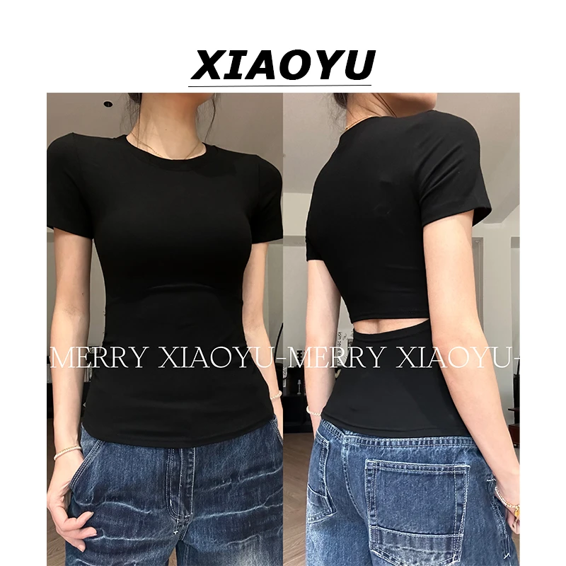 小鱼【基础美式】辣妹圆领后背镂空舒适显瘦侧边抽褶短袖修身女上衣