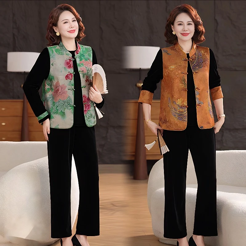中国风新中式金丝绒外套中老年女装盘扣花鸟印花时尚妈妈装三件套