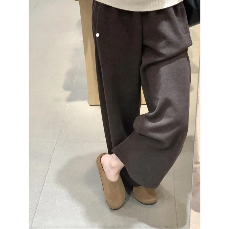 美式复古咖色高腰醋酸休闲裤女冬季宽松阔腿休闲百搭长裤潮