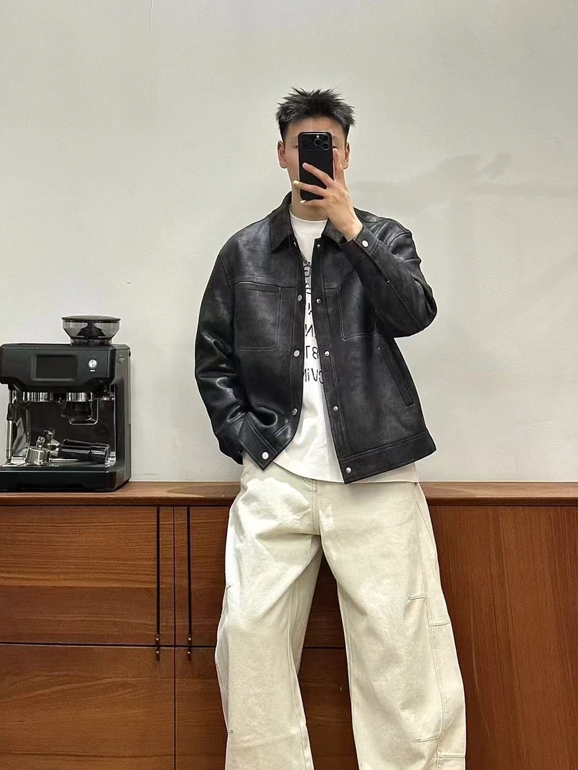 2025春季新款轻奢系男皮衣外套减龄翻领短款复古印花潮流