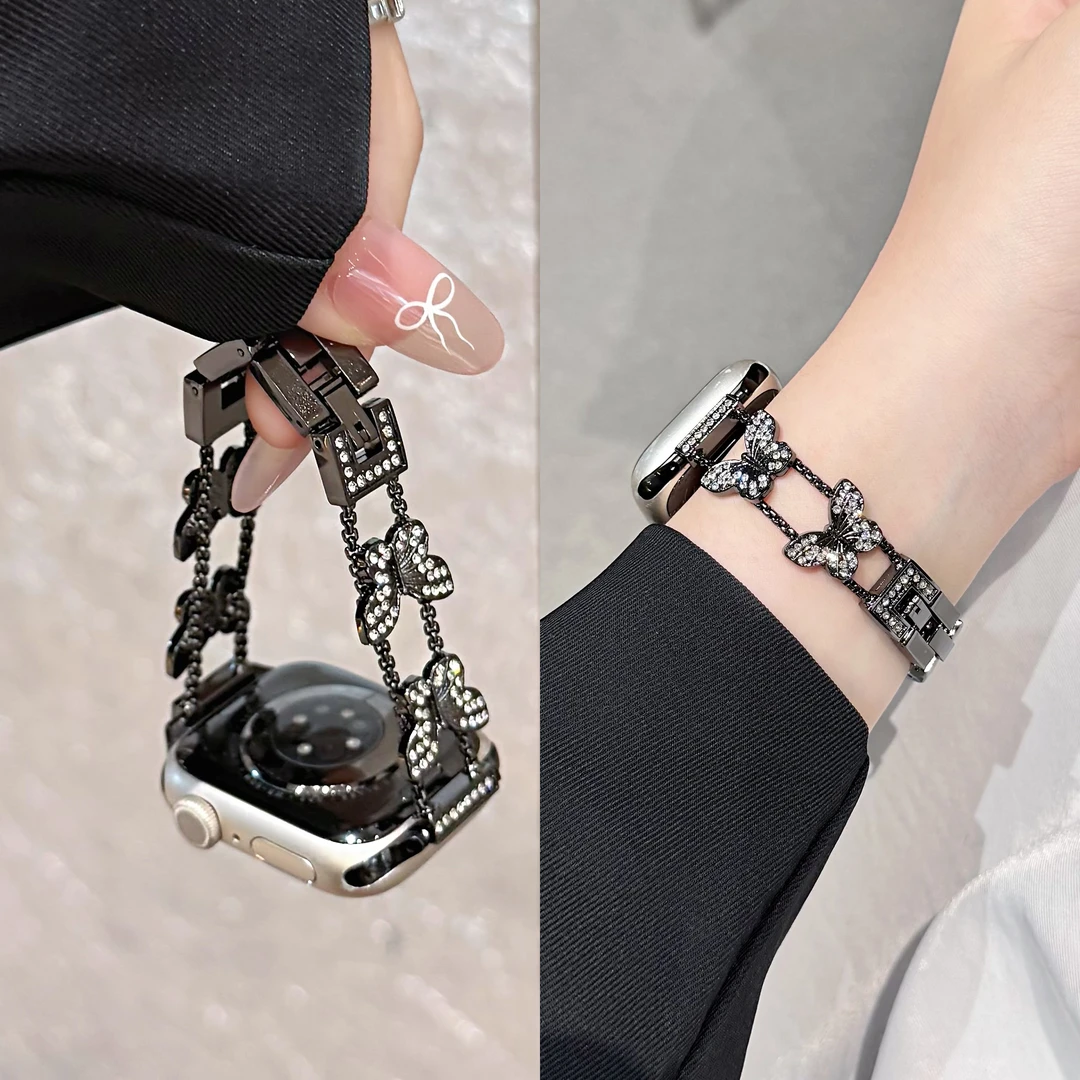 蝴蝶镶钻链式表带适用iwatchs10表带苹果手表s9s8apple watch夏天