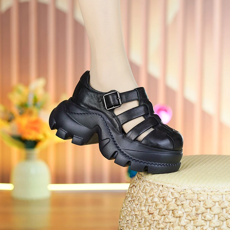 NP56269夏季女新款手工编织镂空透气头层牛皮时尚百搭松糕底凉鞋