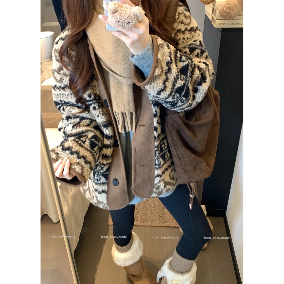 2025费尔岛印花环保羊羔毛秋冬高级感保暖外套毛毛绒复古慵懒大衣