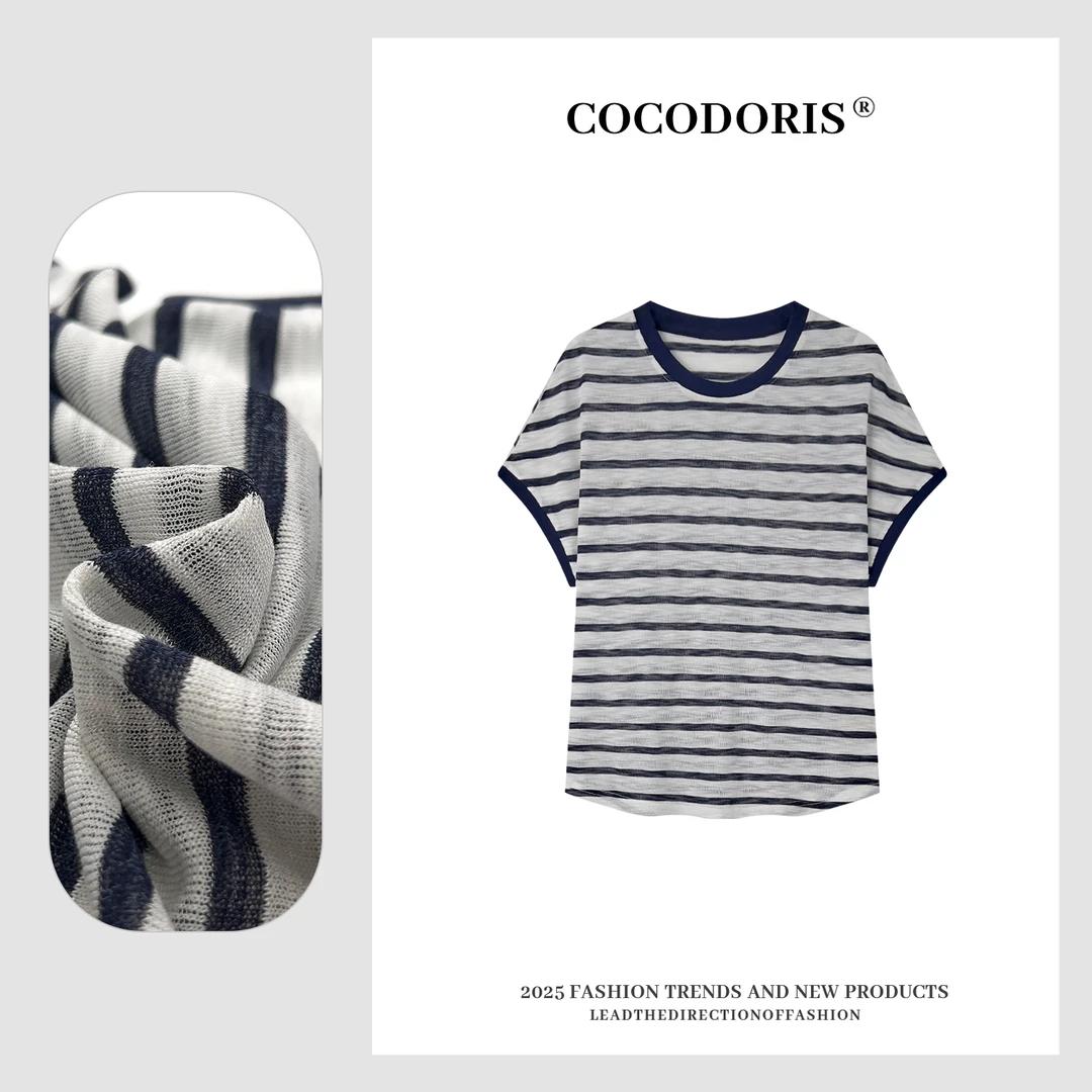COCO DORIS2025夏季新款麻感条纹设计短袖T恤通勤百搭上衣1136
