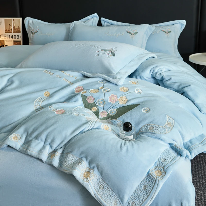 保暖加厚牛奶绒四件套轻奢高档绣花被套加绒床单床上用品