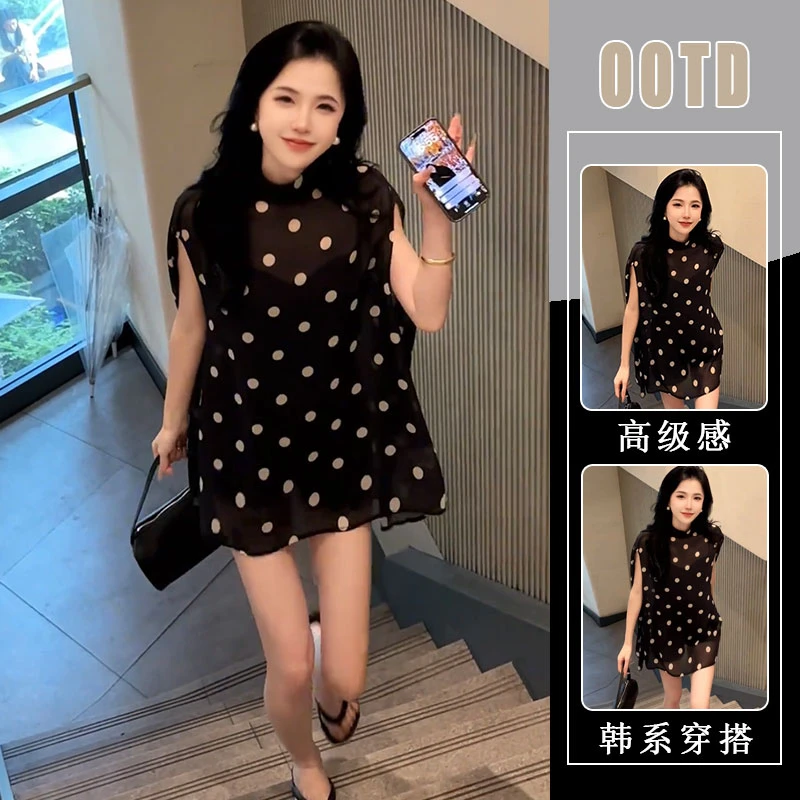 独特漂亮夏装两件套设计感时尚洋气波点上衣高腰黑色短裤轻熟套装