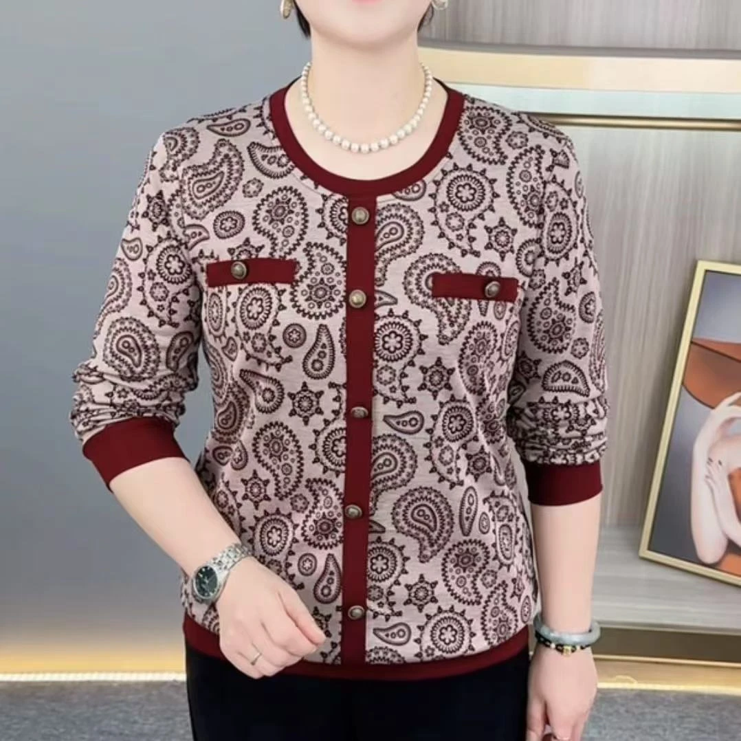 秋季新款时尚圆领针织洋气妈妈装休闲显瘦减龄百搭长袖上衣H9962