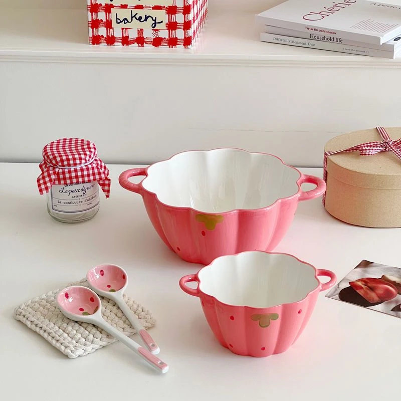 草莓大容量泡面面碗ins双耳汤碗陶瓷家用风汤盆大碗螺蛳粉碗