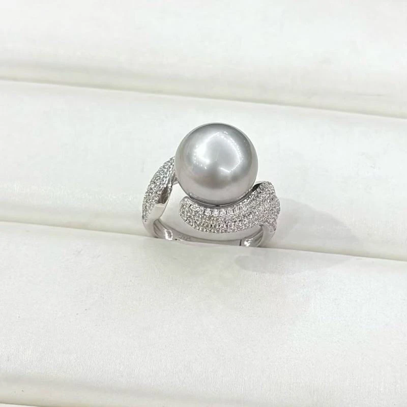 【珠珠专属】S925银 大溪地海水珍珠铂金灰13-14mm戒指