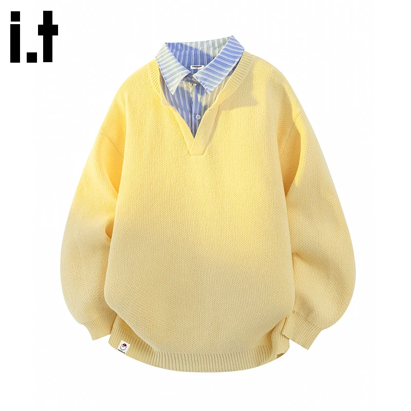 i.t:CHOCOOLATE假两件长袖毛衣男士2025秋冬季宽松休闲保暖针织衫