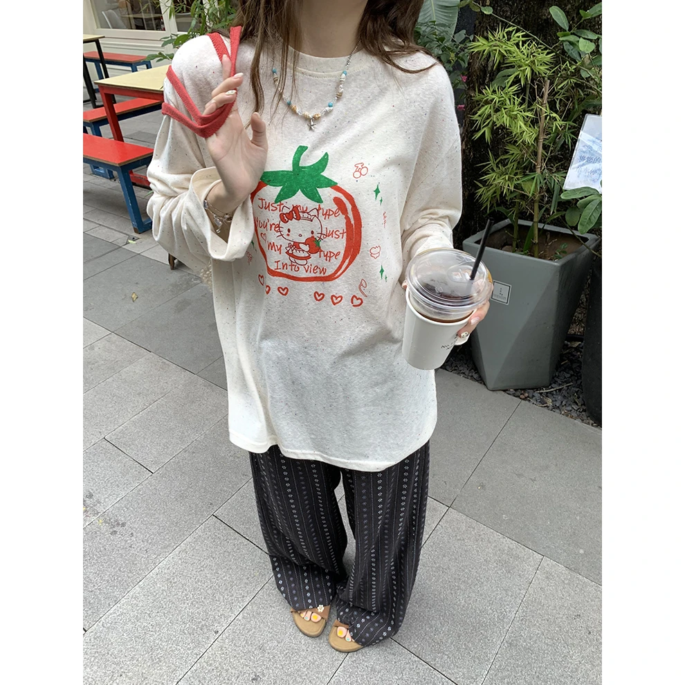 彩点番茄小猫咪长袖T恤2025夏季圆领新款薄款宽松慵懒防晒上衣T