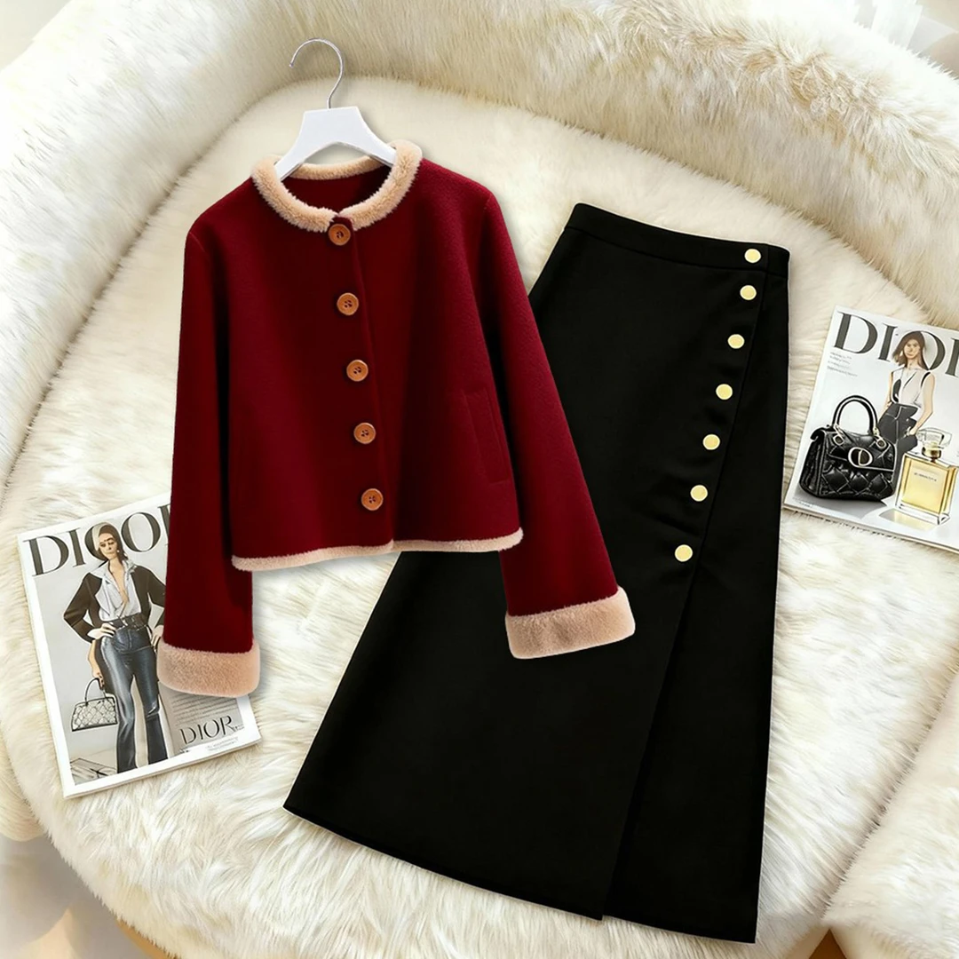 跨年穿搭红色新中式套装连衣裙子2026秋冬季新款外套半身裙两件套