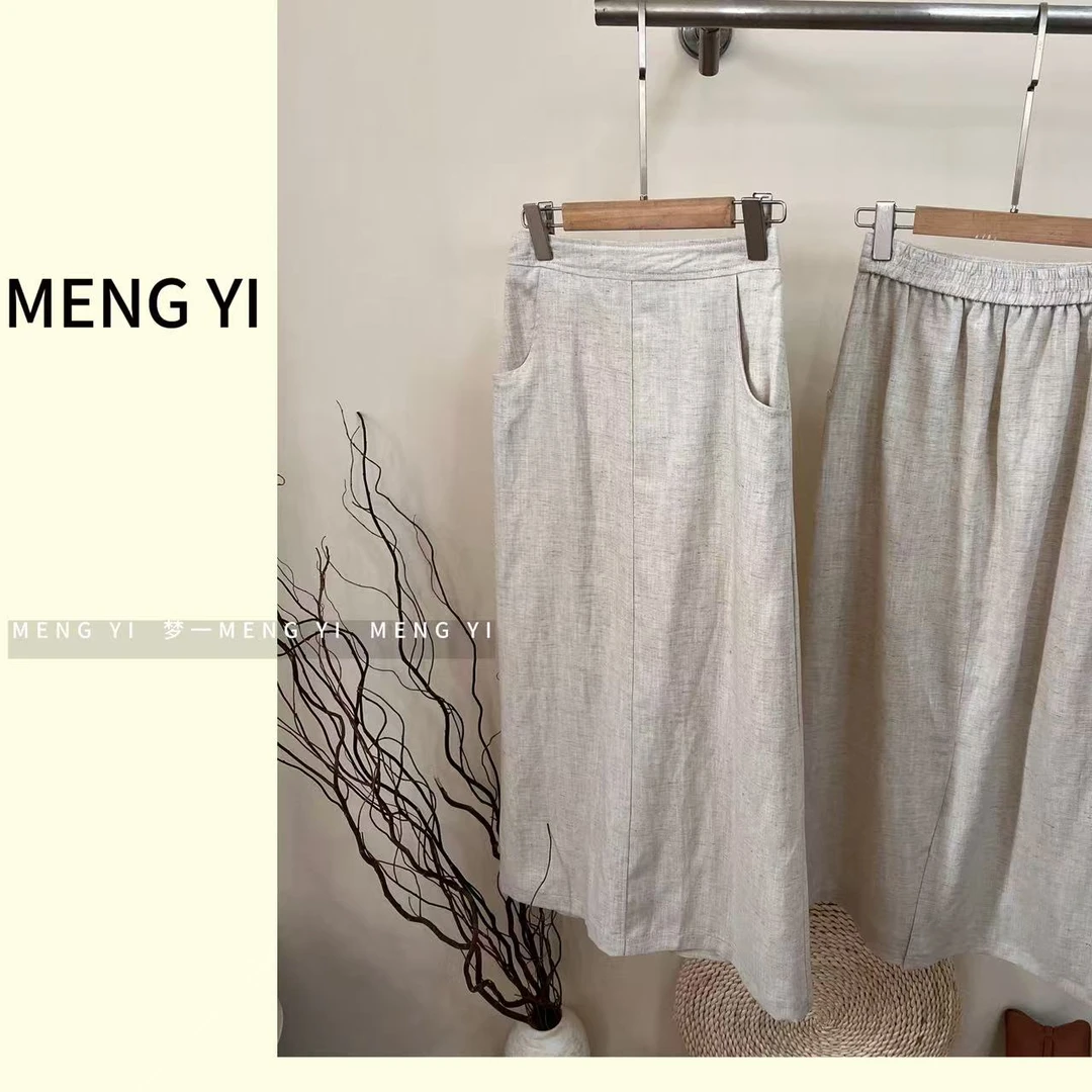 亚麻莱赛尔松紧开叉直筒半裙my-5140-2