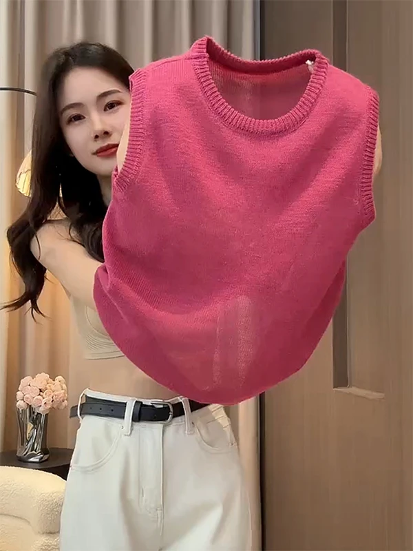 简约纯色宽松显瘦2025夏季新款冰丝针织衫背心套头显白无袖上衣女
