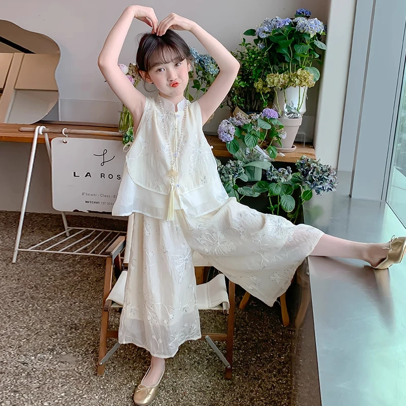 女童夏装套装2025新款儿童洋气国风背心小女孩夏季阔腿裤两件套潮