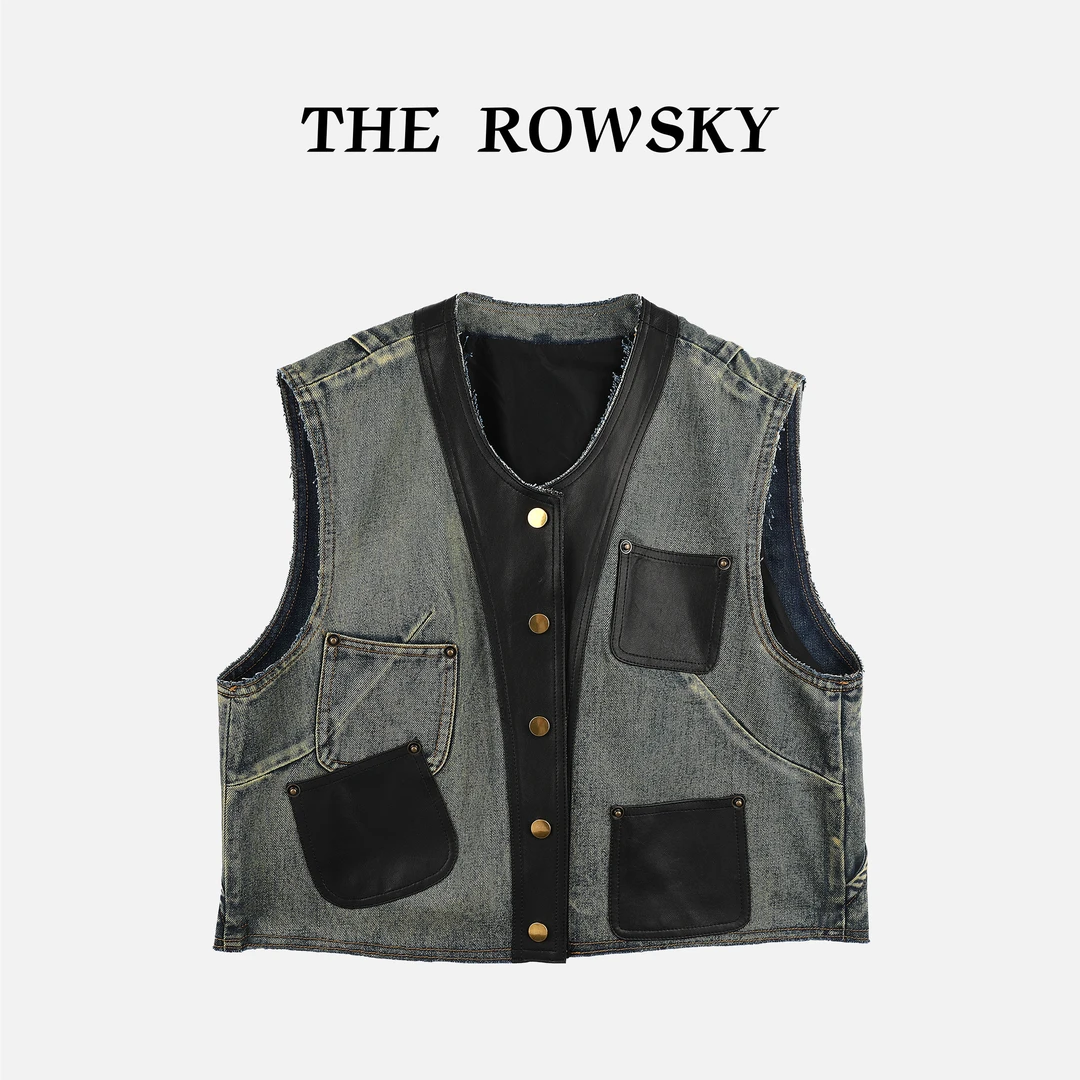 杨圣坤2025秋季新品时尚百搭绵羊皮拼接牛仔布无袖马夹EY2581170