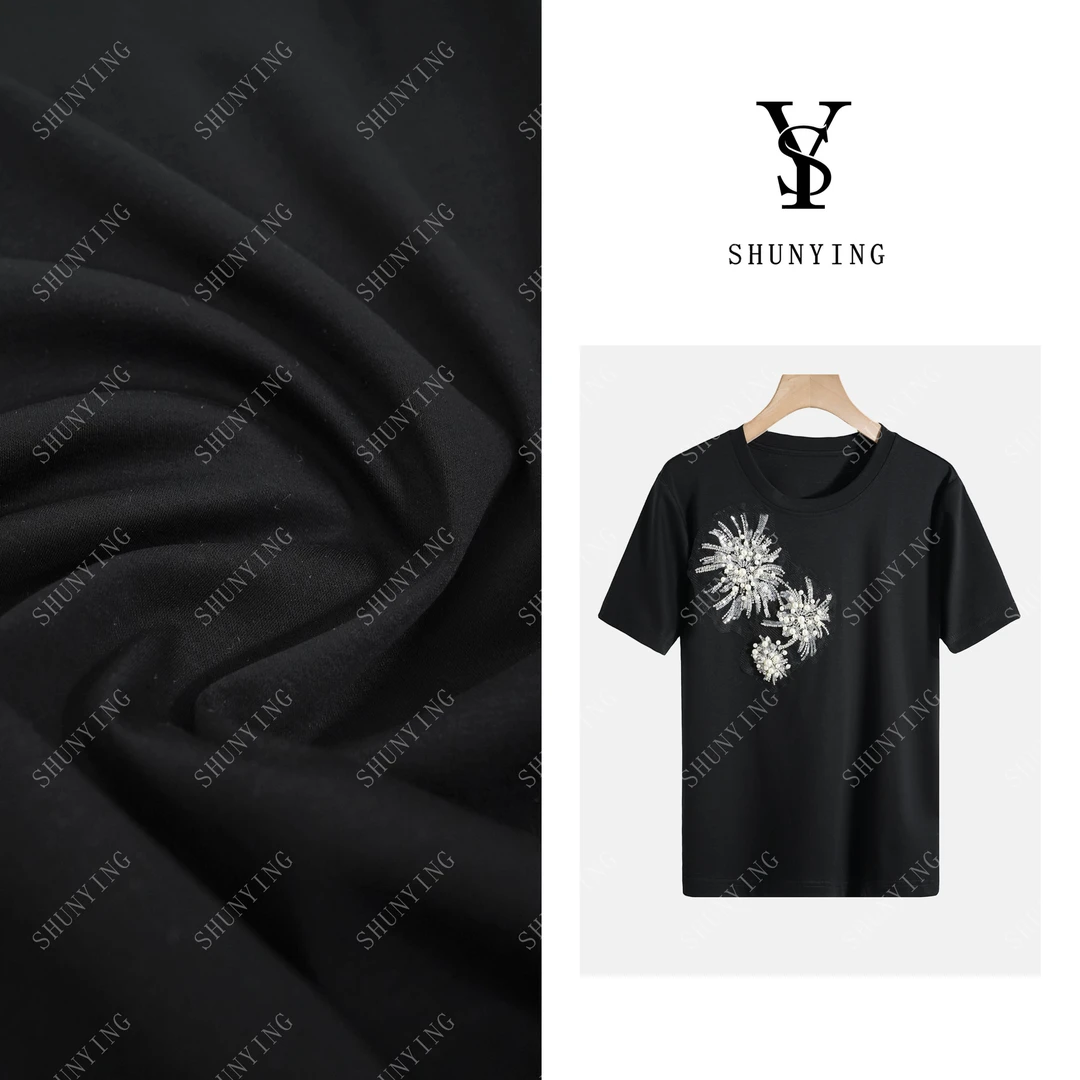 【仟娜】复古时髦感~圆领重工钉珠设计感黑色洋气短袖T恤SY72T25104