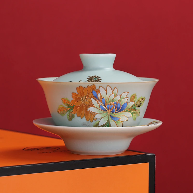 清雅凝香 天青汝窑三才盖碗陶瓷功夫茶具开片可养家用瓷盖碗复古