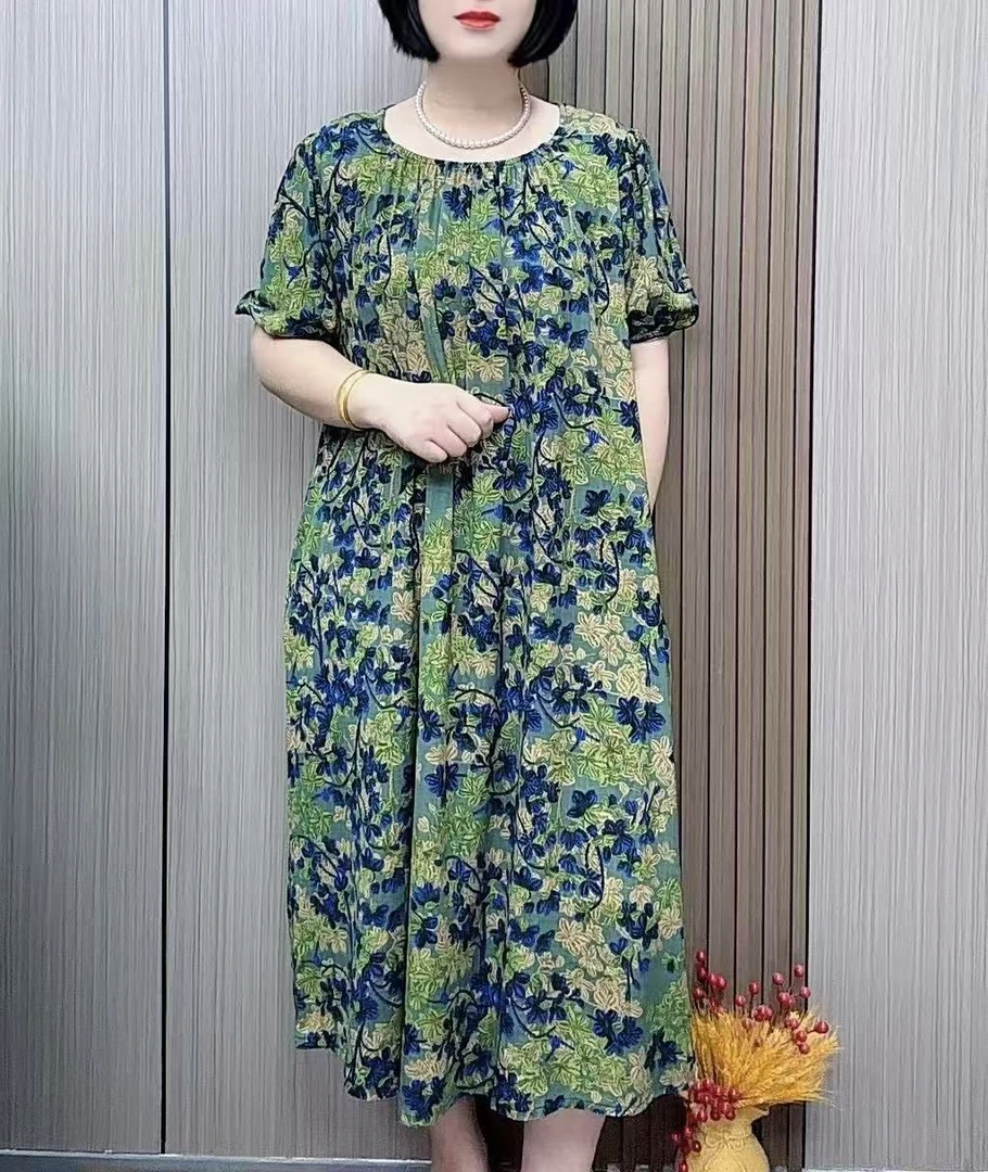 夏季中老年棉绸连衣裙女长款大码有口袋宽松睡裙短袖圆领睡衣外穿