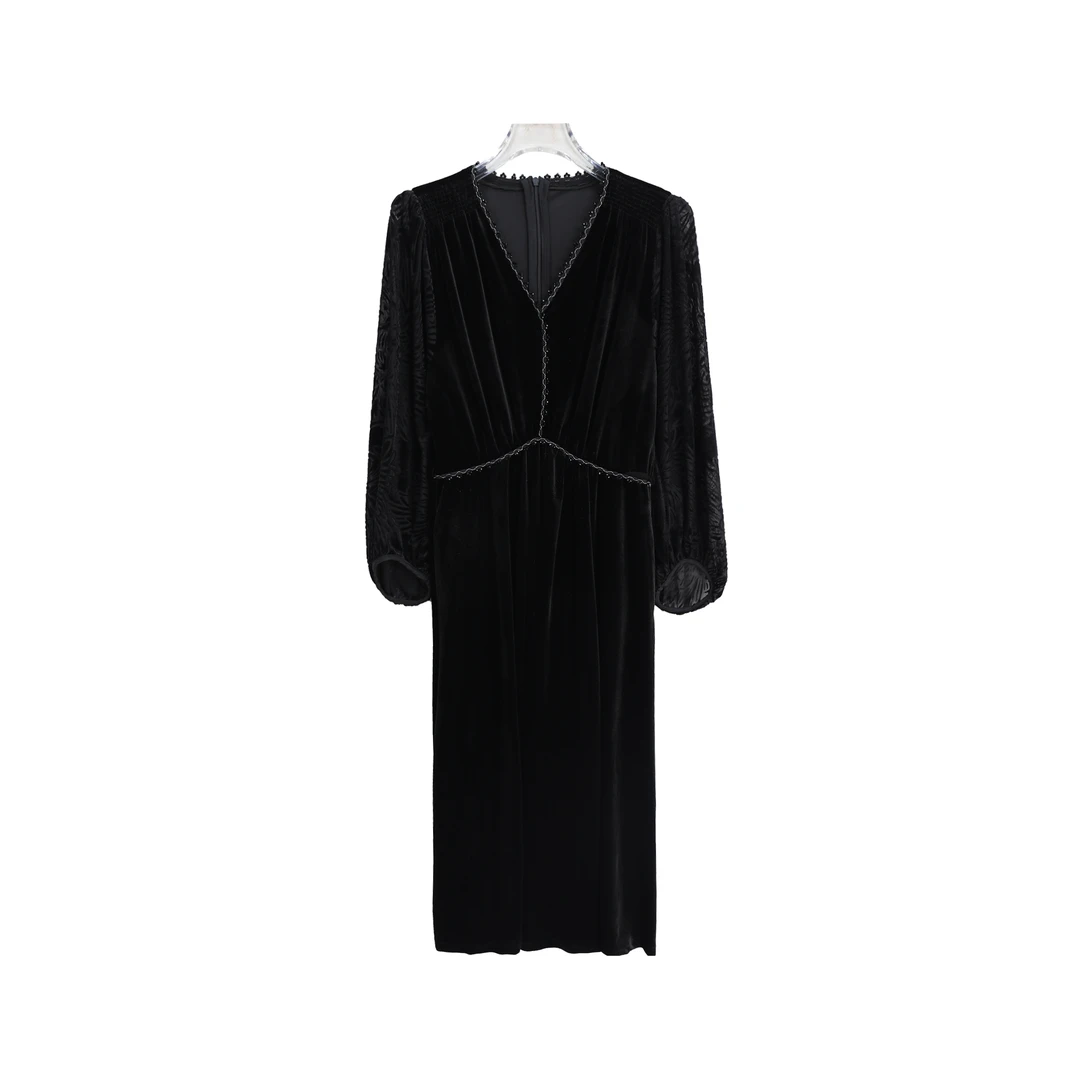 轻奢重工高级感名媛精致灯笼袖连衣裙X2757